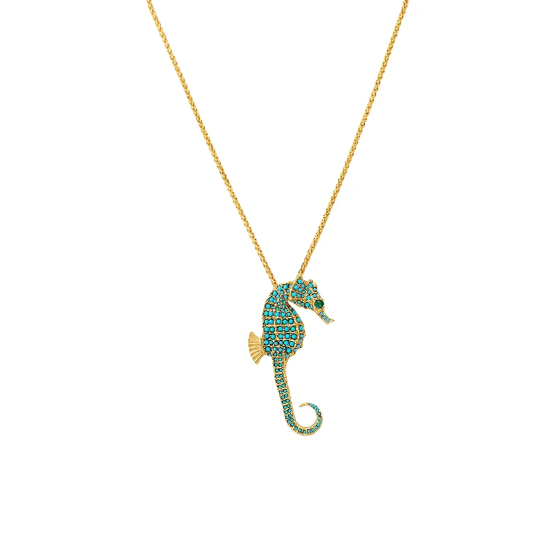 women turquoise necklaces -Gold Chain Necklace & Turquoise Seahorse Pendant