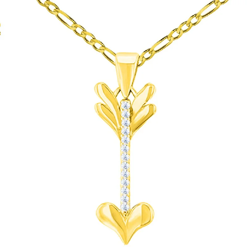 women trendy necklaces -Solid 14K Yellow Gold Reversible CZ Love Arrow Pendant with Figaro Chain Necklace