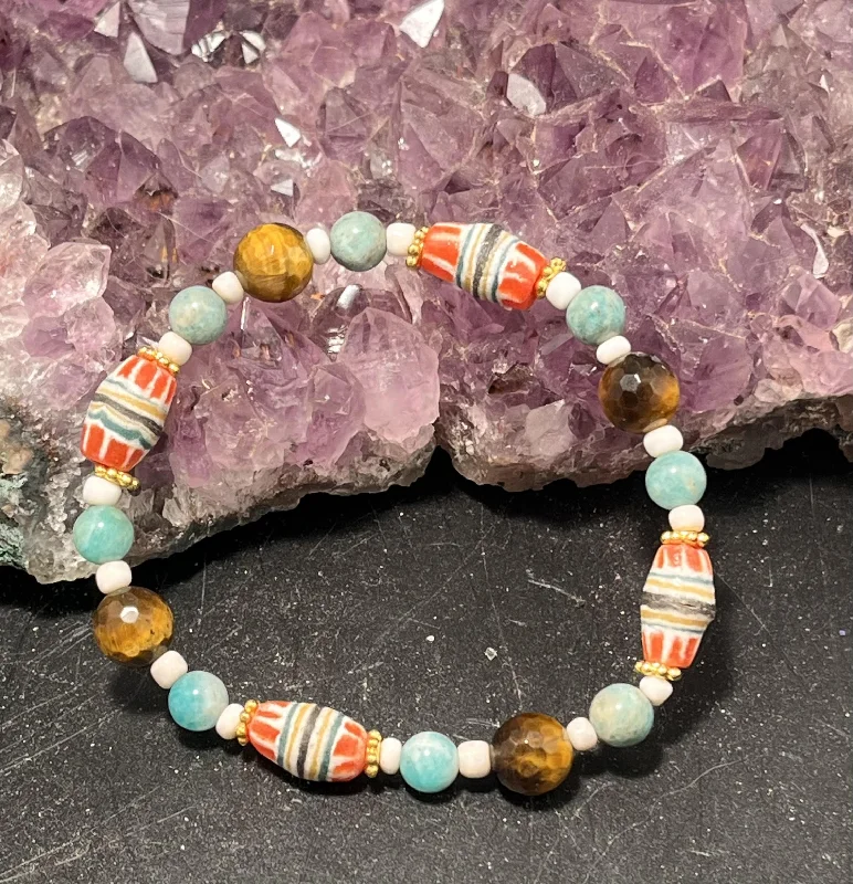 women stacking charm bracelets -African Beads, Amazonite and Tigers Eye Stretchy Bracelet