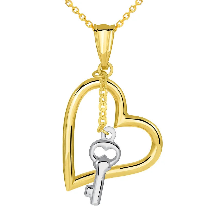 women trendy necklaces -14k Two Tone Gold Open Heart Pendant with White Gold Dangling Key Charm Necklace