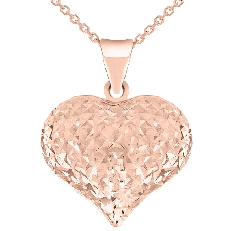 women minimalist gold necklaces -14k Rose Gold Sparkle Cut Puffed Heart Charm Pendant Necklace