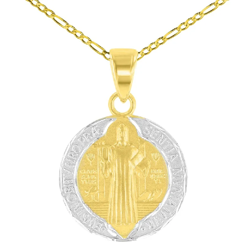 women pearl necklaces -14K Yellow Gold Polished and Satin St Benedict Medal Charm Saint Pendant Figaro Chain Necklace