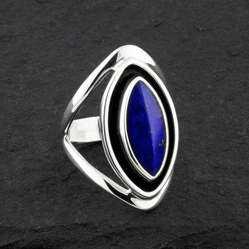 women fashion rings -Long Oxidized Silver and Lapis Lazuli Marquise Ring