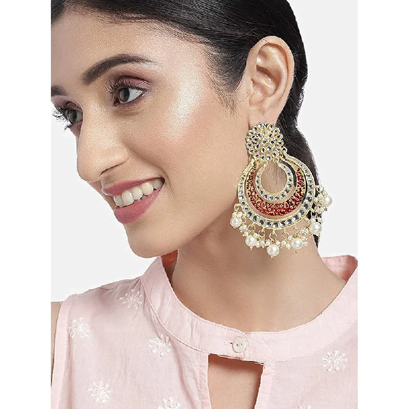 women crystal drop earrings -Etnico 18k Gold Plated Enamel/Meenakari Big Chandbali Earrings Glided With Kundan & Pearl for Women (E2860M)