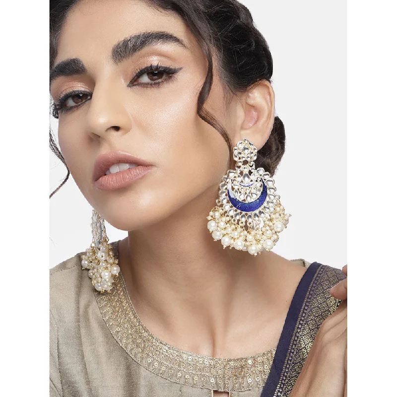 women minimalist earrings -Etnico Gold Plated Intricately Designed Traditional Meenakari Chandbali Earrings Glided With Kundans & Pearls (E306Bl) For womens