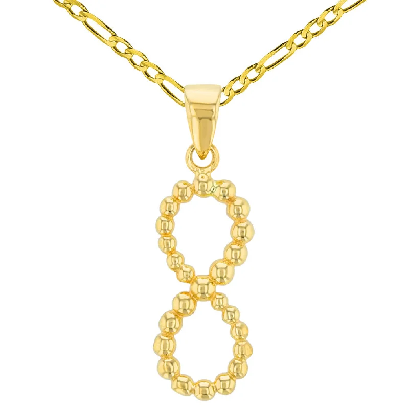 women monogram necklaces -14K Yellow Gold Beaded Vertical Infinity Pendant with Figaro Chain Necklace