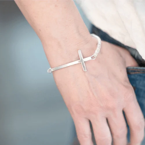 women stacking bracelets -Curved Cross Stretch Bracelet