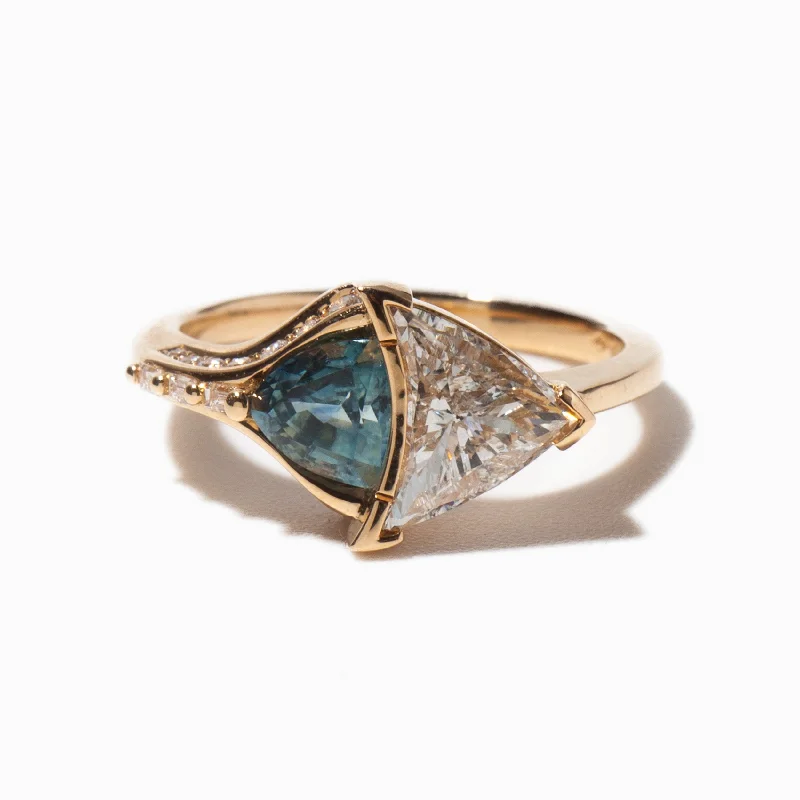 women bold rings -Aquatic Trillion Diamond and Teal Sapphire Engagement Ring