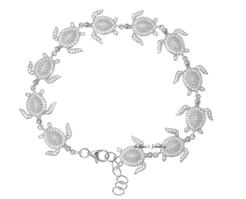 women smooth bangles -SOLID 925 STERLING SILVER HAWAIIAN SEA TURTLE LINK BRACELET CZ RHODIUM 7.5 INCH