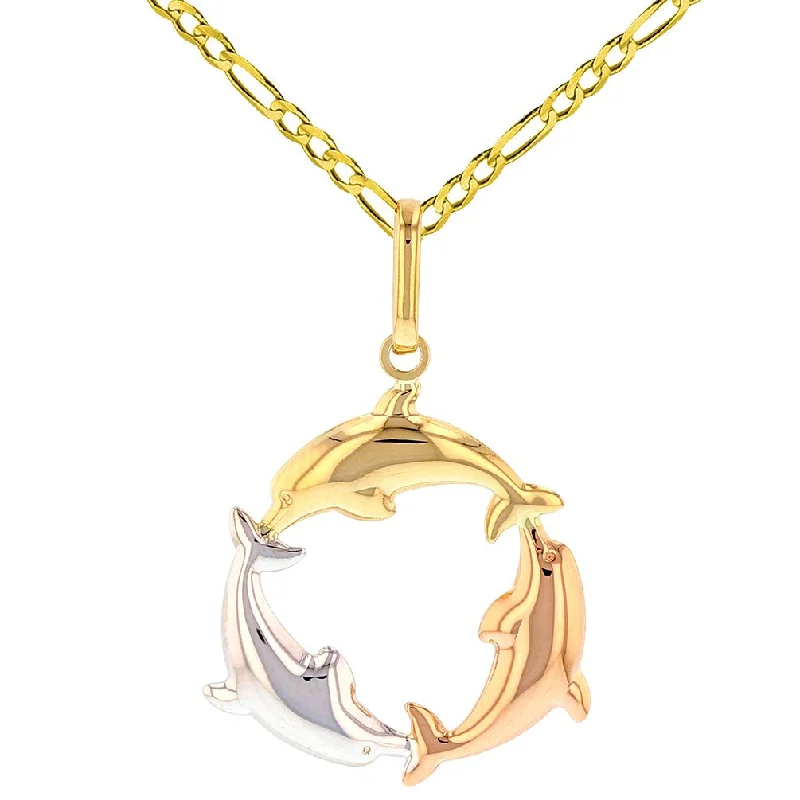 women long necklaces -Polished 14K Tri-Color Gold Kissing Dolphin Circle Pendant Figaro Necklace