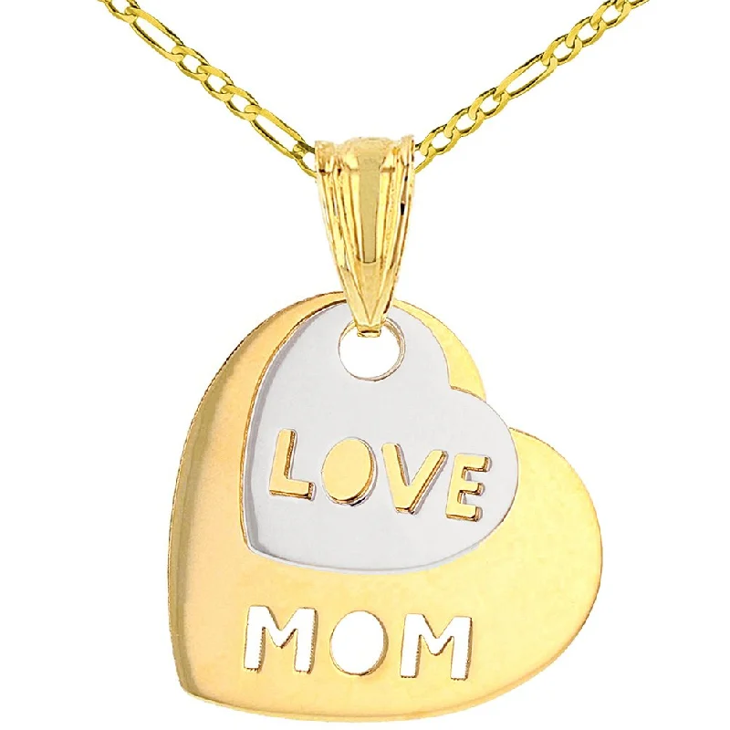 women statement gold necklaces -Solid 14K Two-Tone Gold Love Mom Double Heart Pendant Necklace