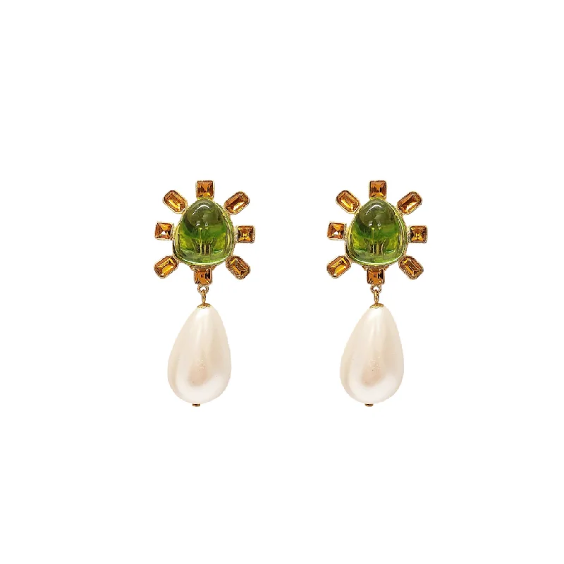 women matching necklaces -Topaz and Peridot Cabochon Center Pearl Drop Clip Earring