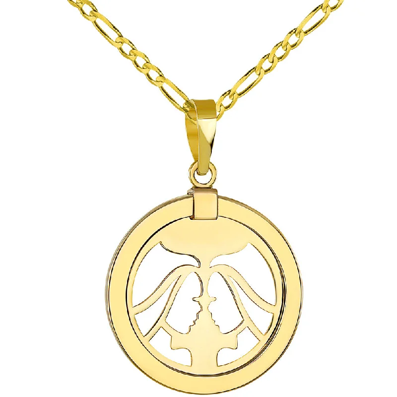 women custom charm necklaces -14K Yellow Gold Reversible Round Gemini Twins Zodiac Sign Pendant with Figaro Chain Necklace