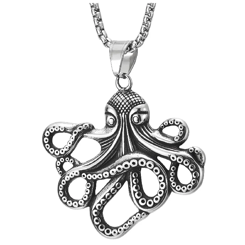 women charm necklaces -Stainless Steel Mens Womens Vintage Octopus Pendant Necklace 30 inches Wheat Chain, Punk Rock Hippie