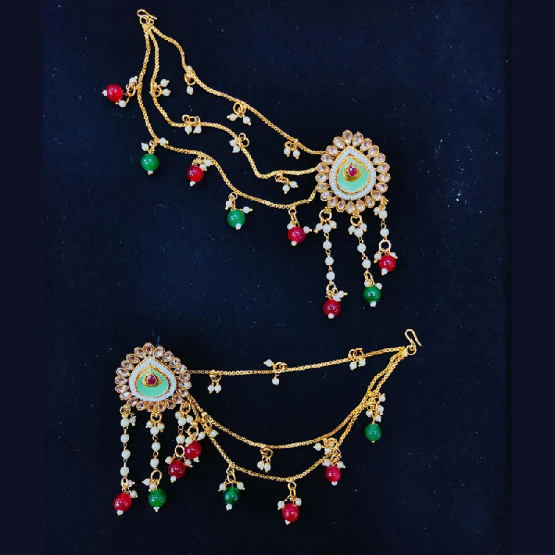 women gold statement earrings -Pooja Bangles Gold Plated Crystal Stone Kan Chain Earrings