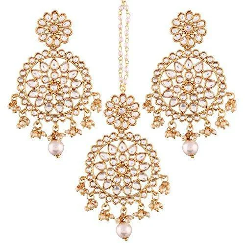 women hammered earrings -Etnico 18K Gold Plated Traditional Kundan & Pearl Studded Chandbali Earrings With Maang Tikka Set (TE2462W)