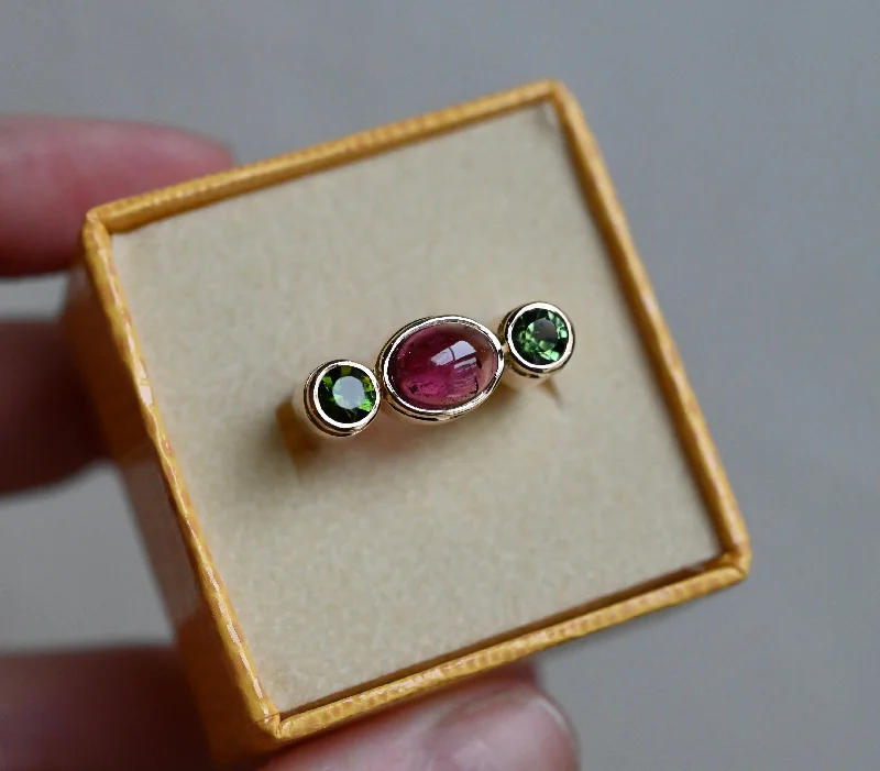 women pear-shaped rings -14k Gold Column Triple Gemstone Ring Setting - Made To Order