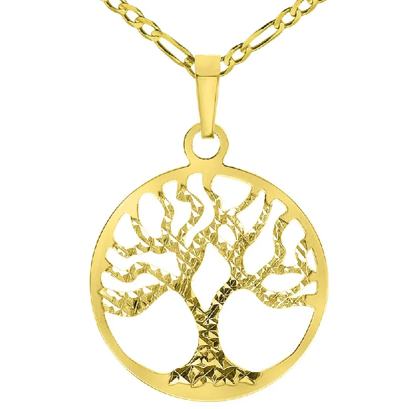 women chic necklaces -Solid 14k Yellow Gold Textured Reversible Round Tree of Life Pendant Necklace Available with Figaro Chain