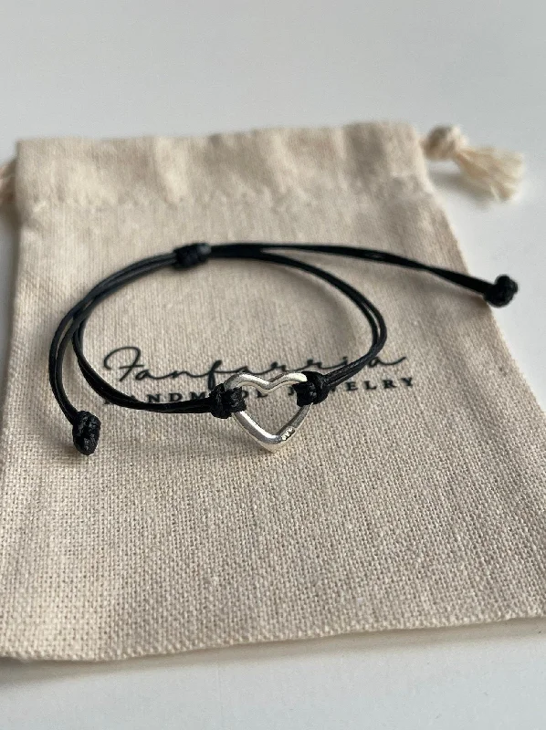 women multi-strand bracelets -Sterling Silver heart, Black Bracelet