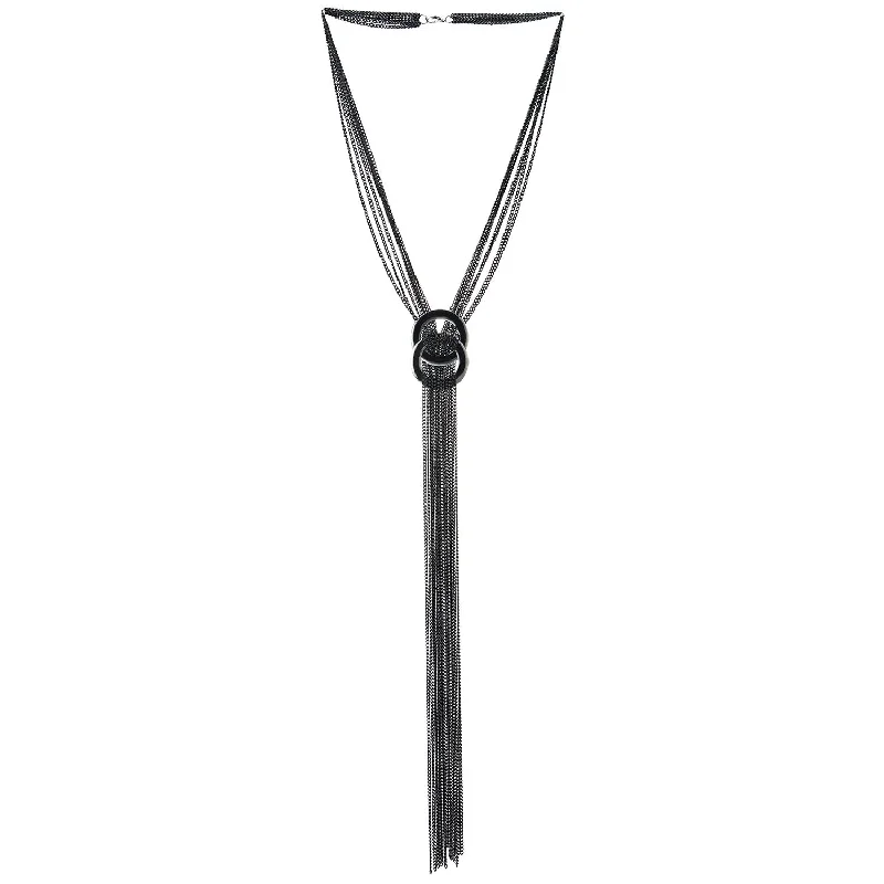 women trendy necklaces -Black Multi-Strand Chains Necklace Two Interlocking Circles Charm Long Tassel Pendant