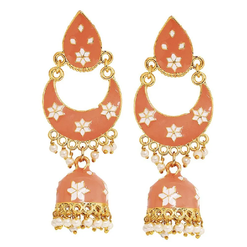 women gold gemstone earrings -Mahi Traditional Ethnic Carrot Pink Meenakari work Dangler Chandbali Jhumki Earrings with Artificial Pearl for Women (ER1109727GCrt)