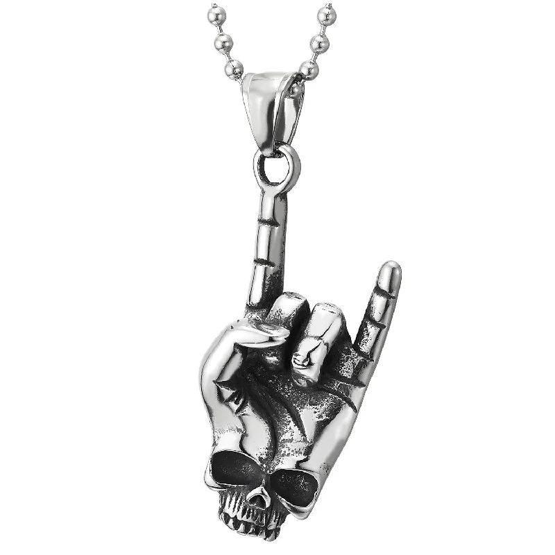 women minimalist pendant necklaces -Punk Steel Mens Womens Rock and Roll Hand Sign Gesture Skull Pendant Necklace, 30 in Ball Chain