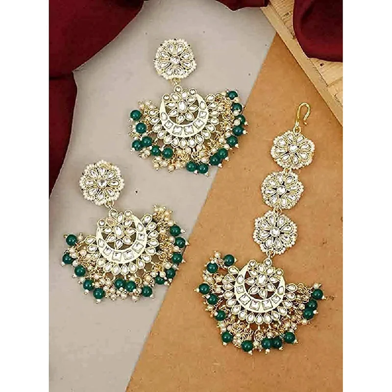 women cubic zirconia earrings -Etnico18K Gold Plated with Stunning Matte Finish Traditional Kundan & Faux Pearl Chandbali Earrings with Maang Tikka Set (TE2911G)