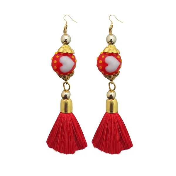 women floral earrings -Tip Top Fashions Red Thread Gold Plated Tassel Earrings - 1313310C