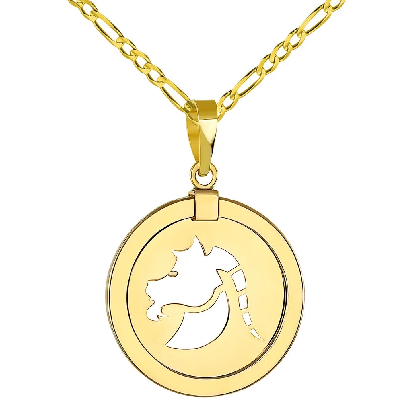 women vintage charm necklaces -14K Yellow Gold Reversible Round Capricorn Goat Zodiac Sign Pendant with Figaro Chain Necklace