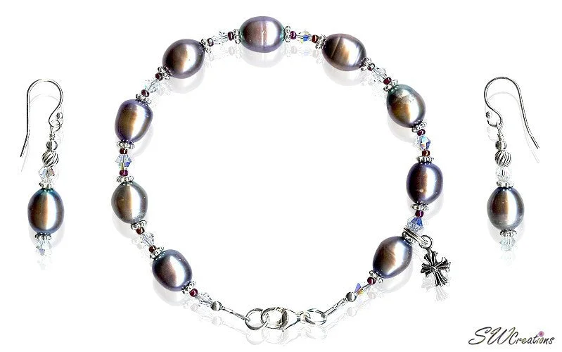 women pearl bangles -Peacock Pearl Crystal Ruby Cross Beaded Bracelets Set