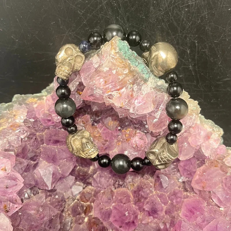 women pearl bracelets -Black Obsidian Stretchy Bracelet with Pyrite Skulls