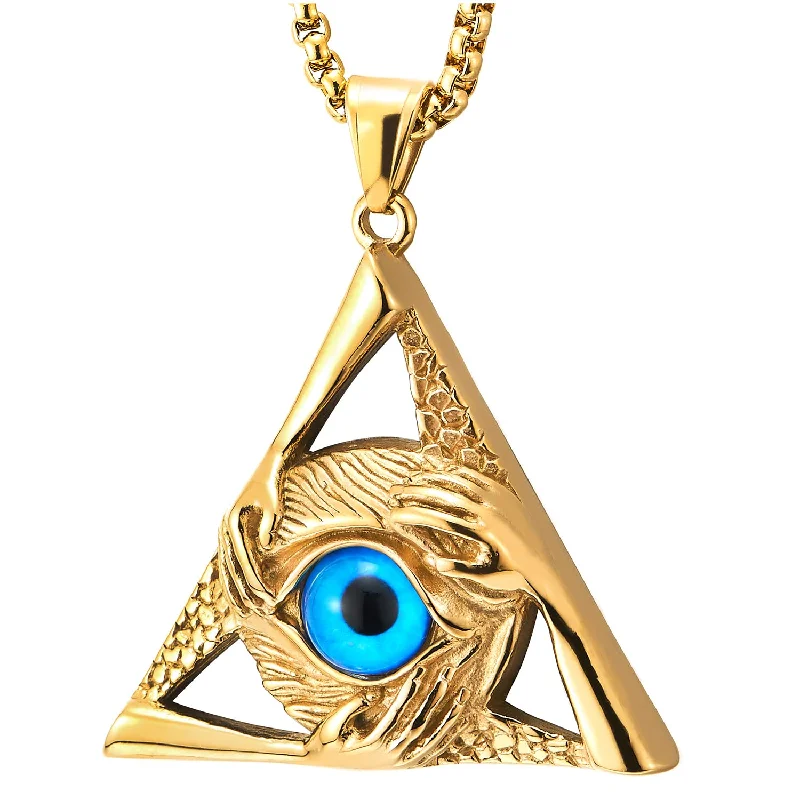 women wedding necklaces -Steel Gold Color Evil Eye Protection Hands Triangle Pendant Necklace Men Women 30 Inch Wheat Chain