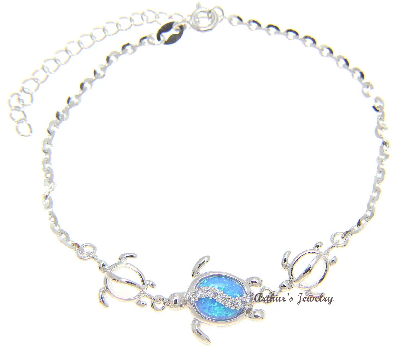 women friendship bracelets -925 Silver Rhodium Hawaiian Sea Honu Turtle CZ Blue Opal Link Chain Bracelet 7"+