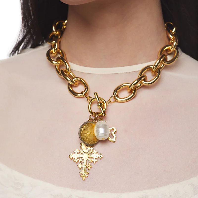 women designer necklaces -Link Necklace with Pearl & Gold Charms