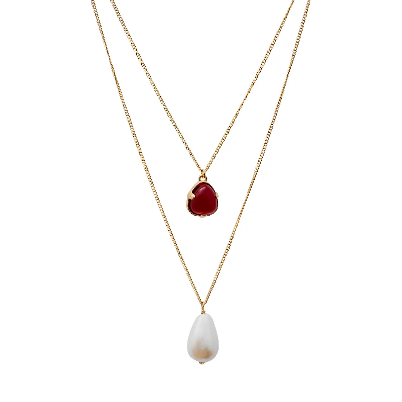 women gold plated necklaces -Ruby & Pearl Drop Pendant Necklace