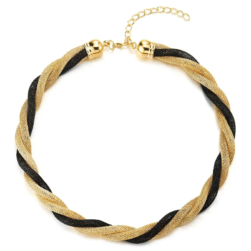 women geometric necklaces -Gold Black Statement Necklace, Braided Hollow Cable Bib Choker Collar, Dress Prom