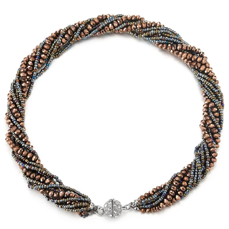 women teardrop necklaces -Brown Gold Statement Necklace Multi-Layer Beads Crystal Braided Chain Choker Collar Magnetic Clasp