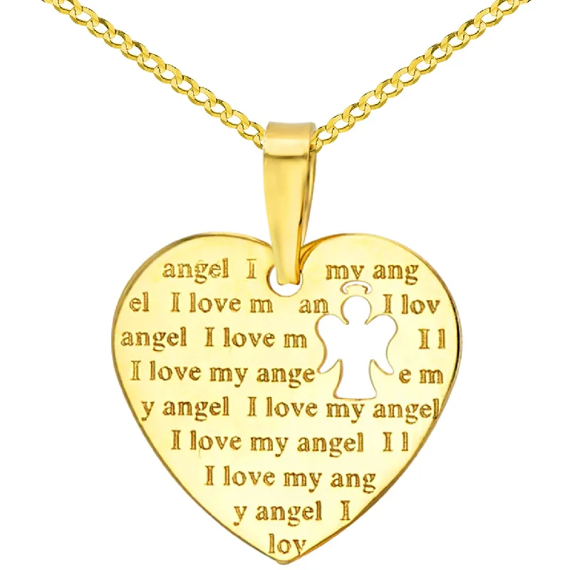 women gemstone drop pendant necklaces -14K Yellow Gold Heart Charm with I Love My Angel Script Pendant Cuban Chain Necklace