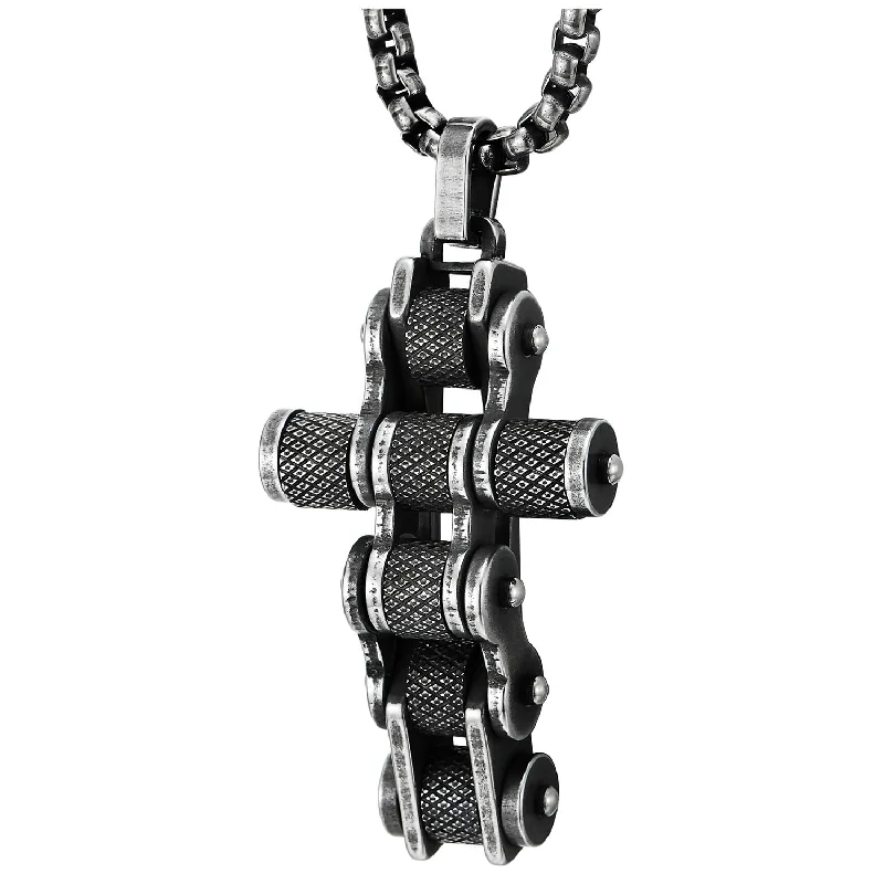 women diamond necklaces -COOLSTEELANDBEYOND Men Bike Chain Cross Pendant Necklace, Stainless Steel Vintage Oxidized Blackened Textured, Biker Punk