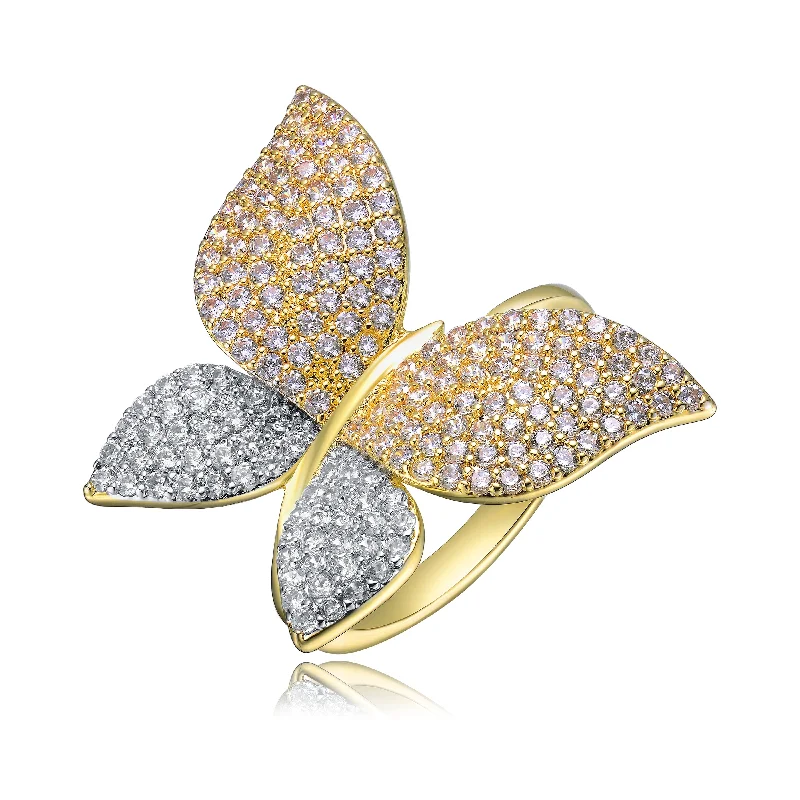 women round engagement rings -Sterling Silver 14k Gold Plated with Diamond Cubic ZIrconia Large Garden Butterfly Ring