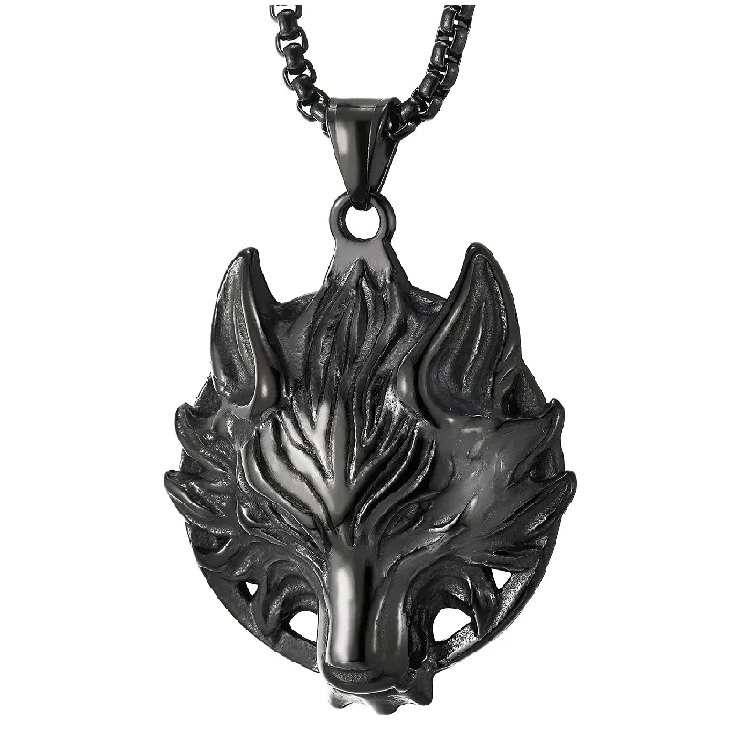 women charm necklaces -Stainless Steel Mens Vintage Wolf Head Pendant Necklace, Punk Rock, 30 inches Steel Wheat Chain