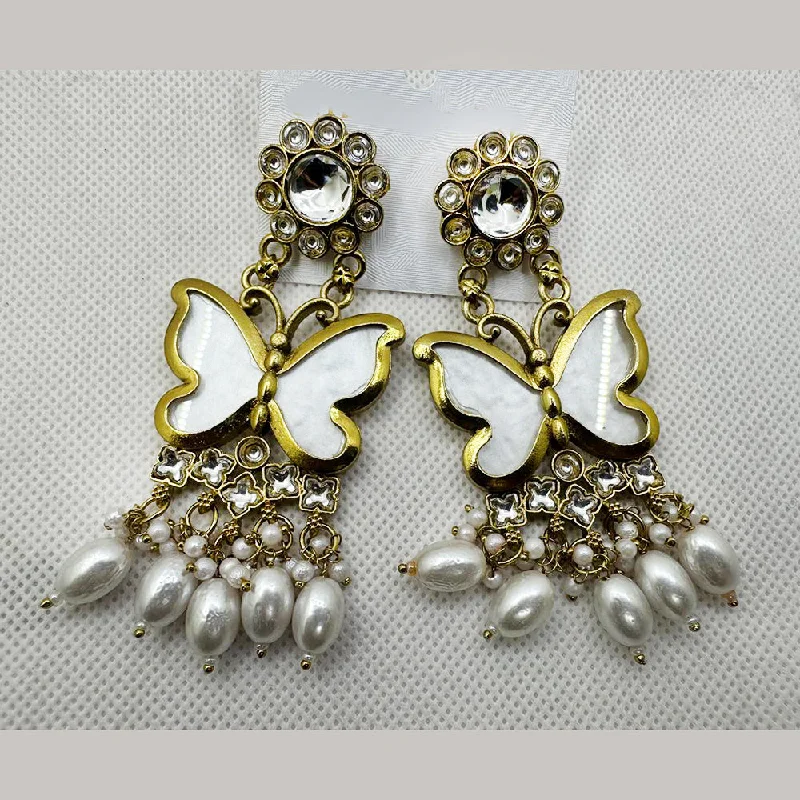 women geometric dangle earrings -Trilok Jewel Gold Plated Pearl And Kundan Stone Butterfly Dangler Earrings