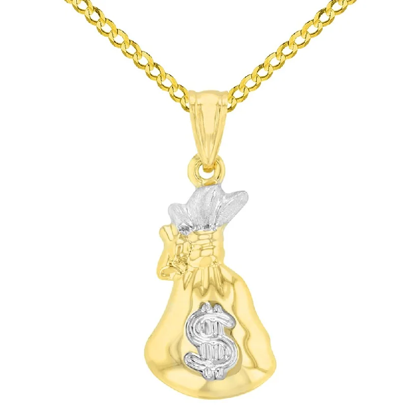 women adjustable necklaces -High Polish 14K Yellow Gold 3D Money Bag Charm Pendant with Cuban Chain Necklace