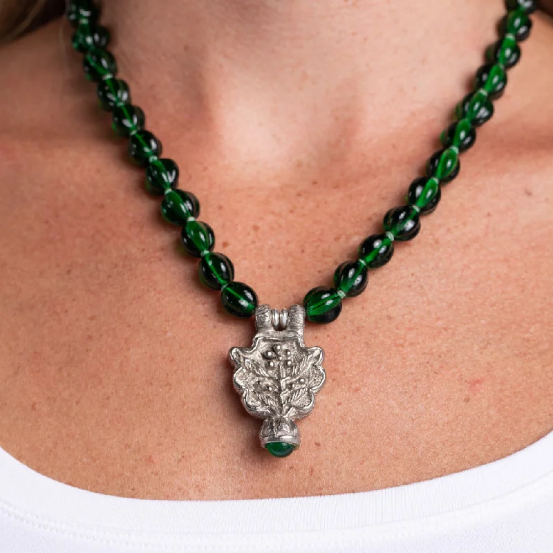 women lock necklaces -Vintage Emerald Necklace with Silver Pendant