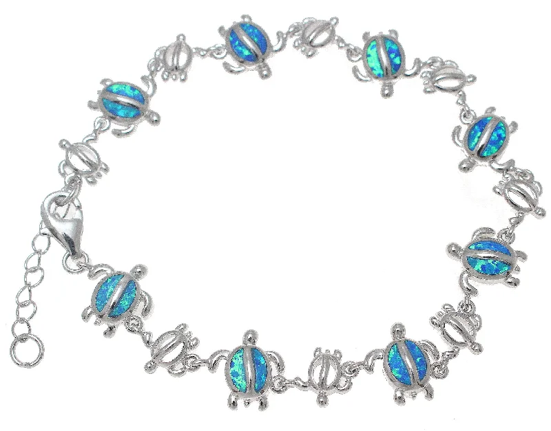 women minimalist bangles -925 Sterling Silver Rhodium Hawaiian Sea Turtle Honu Blue Opal Bracelet 7"+