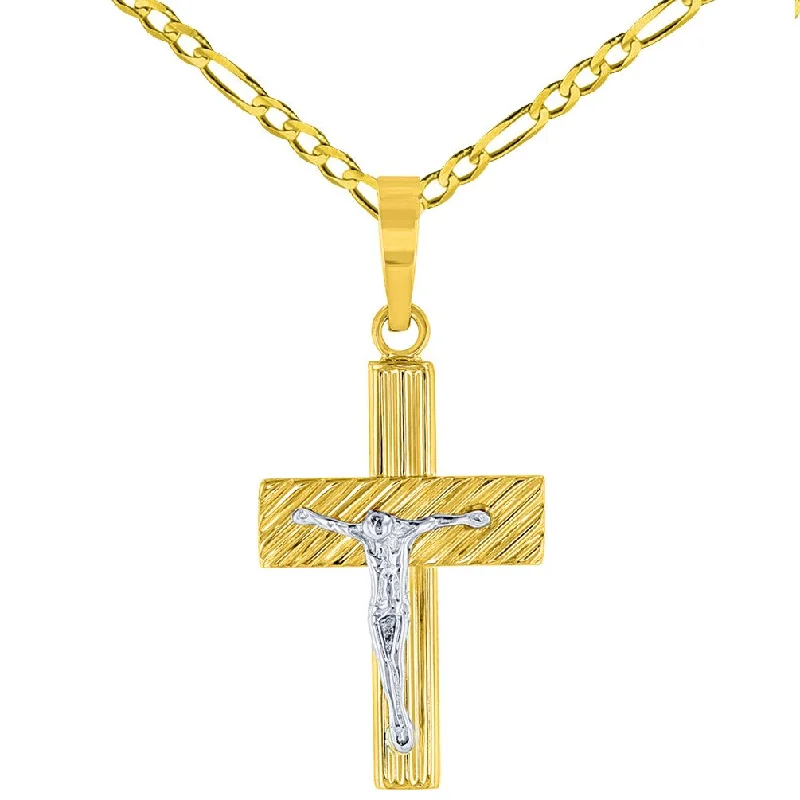 women engraved pendant necklaces -14K Two-Tone Gold Rugged Edged Cross Crucifix Pendant with Figaro Chain Necklace