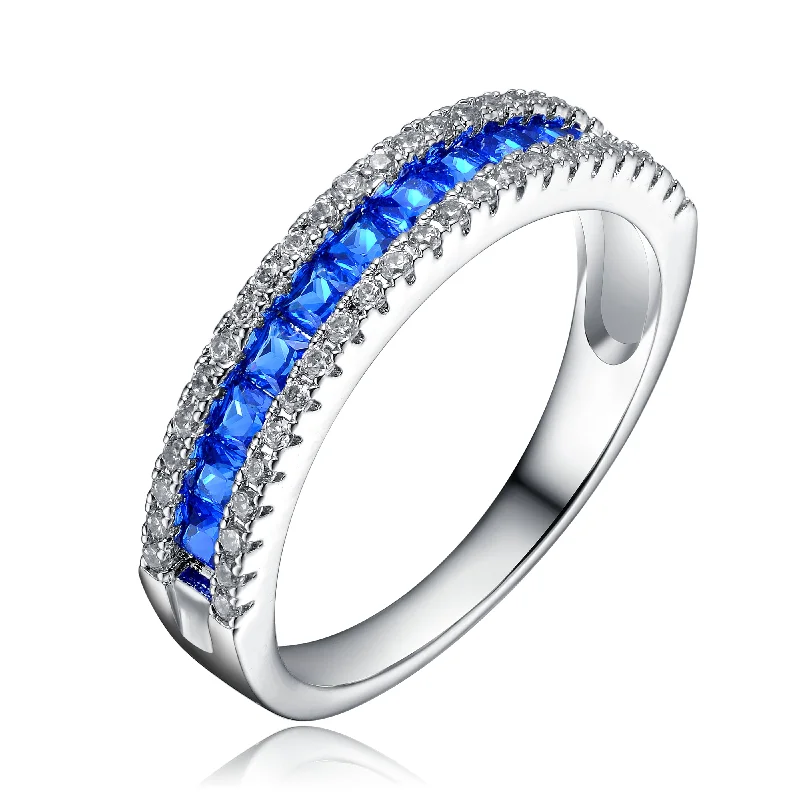 women three-stone engagement rings -Ga Sterling Silver With Rhodium Plated And Sapphire Cubic Zirconia Band Ring