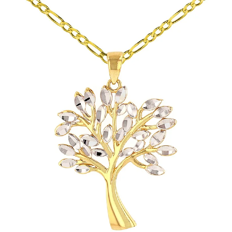 women sapphire necklaces -Solid 14K Yellow Gold Textured Elegant Tree of Life Pendant Figaro Chain Necklace