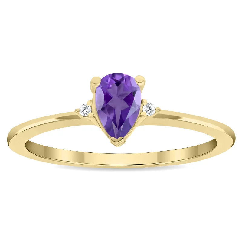 women princess cut engagement rings -Women's Pear Shaped Amethyst And Diamond Classic Ring In 10K Yellow Gold