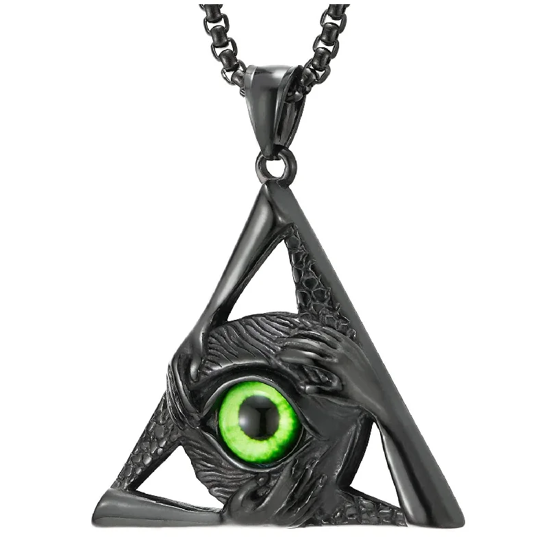 women halo necklaces -Steel Green Evil Eye Protection Hands Black Triangle Pendant Necklace for Men Women 30 in Wheat Chain